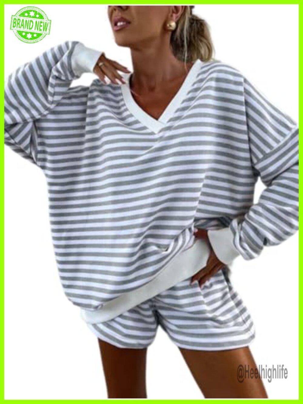 Striped Lounge Set Long Sleeve V-Neck Sweatshirt Shorts 95%Polyester